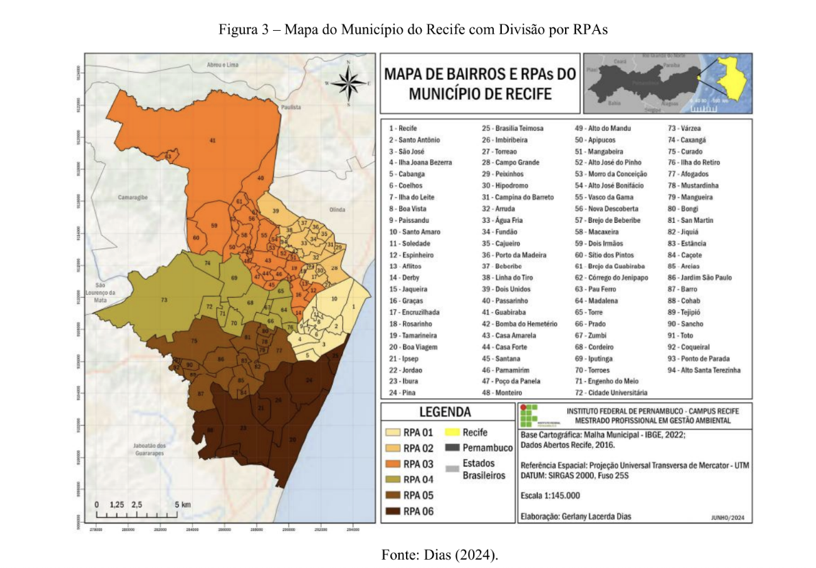 Mapa do Município do Recife dividido por Regiões Político-Administrativas (RPAs), com legenda de bairros por RPA