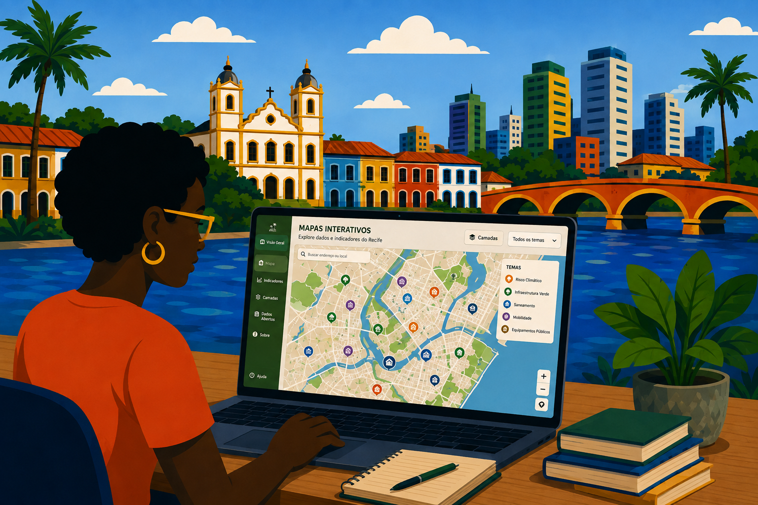 Ilustração representando Governança Climática: pessoa analisando mapas interativos de dados urbanos no laptop