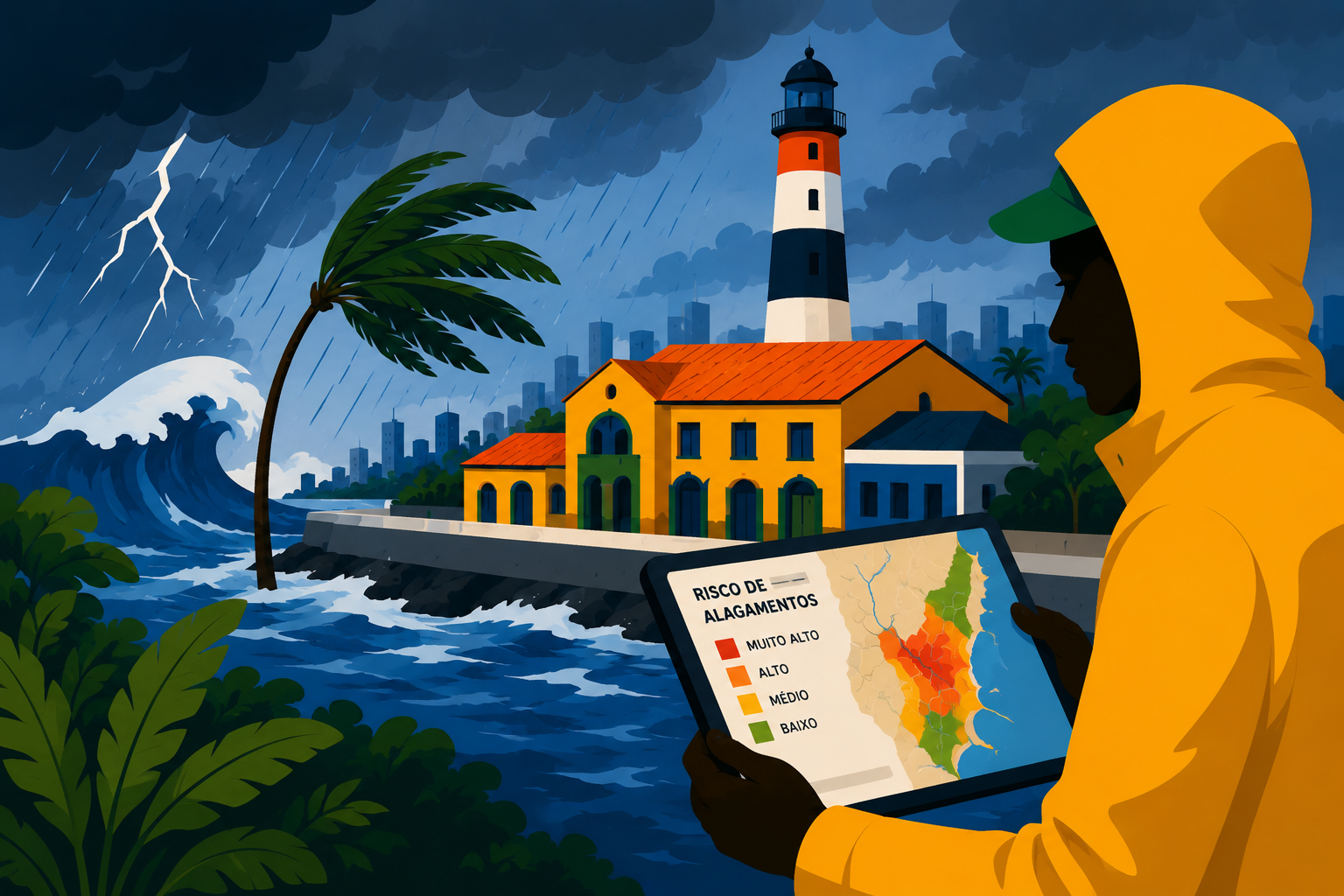Ilustração representando Prevenção de Desastres: pessoa consultando mapa de risco de alagamento durante tempestade